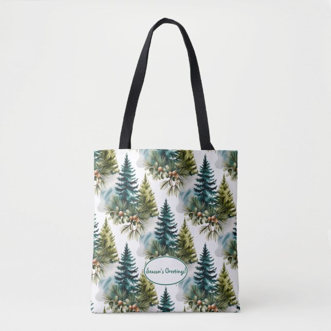 Watercolor Pine Pattern Elegant Winter Tote Bag (Front)