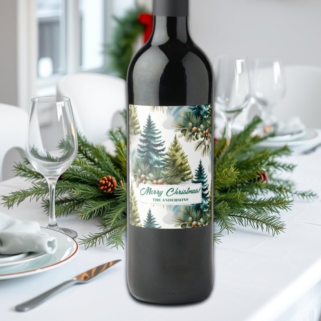 Watercolor Pine Pattern Elegant Winter  Wine Label (Creator Uploaded)