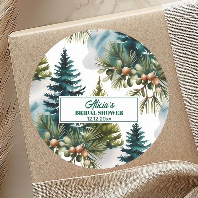 Watercolor Pine Pattern Winter Bridal Shower Classic Round Sticker (Creator Uploaded)
