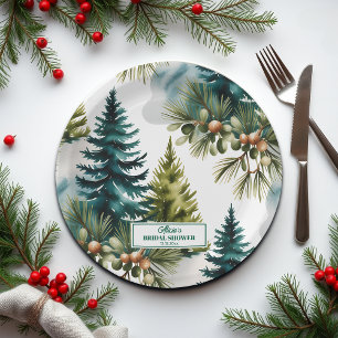 Watercolor Pine Pattern Winter Bridal Shower Paper Plate