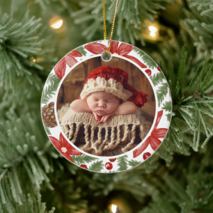 Watercolor Pine Photo Baby's First Christmas Ceramic Ornament