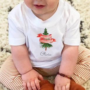 Watercolor Pine Tree 1st Christmas Baby T-Shirt