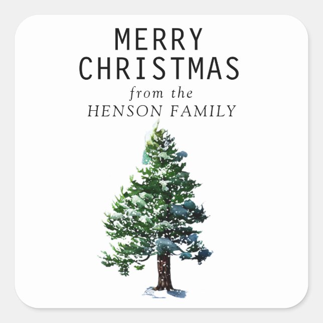 Watercolor Pine Tree Artistic Family Christmas Square Sticker (Front)