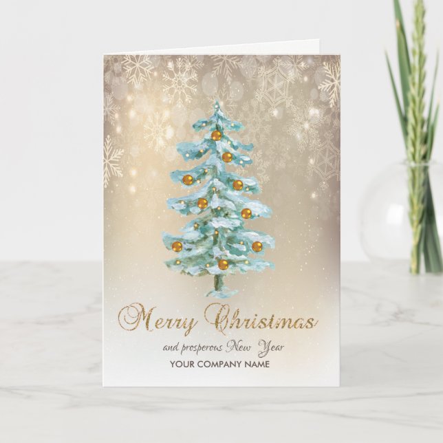 Watercolor Pine Tree,Balls,Snowflakes Holiday Card (Front)