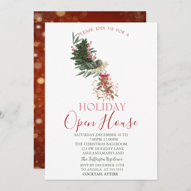 Watercolor Pine Tree Branch,Mistletoe Open House  Invitation (Front/Back)