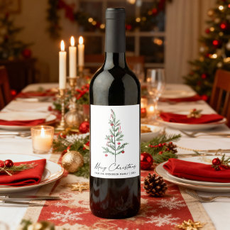 Watercolor Pine Tree Calligraphy Ink Christmas Wine Label