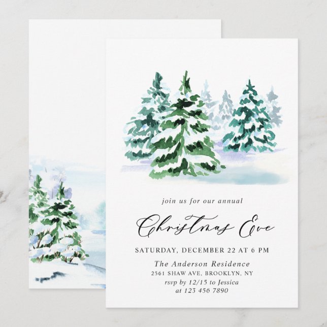 Watercolor Pine Tree Chic Christmas Eve Holiday Invitation (Front/Back)