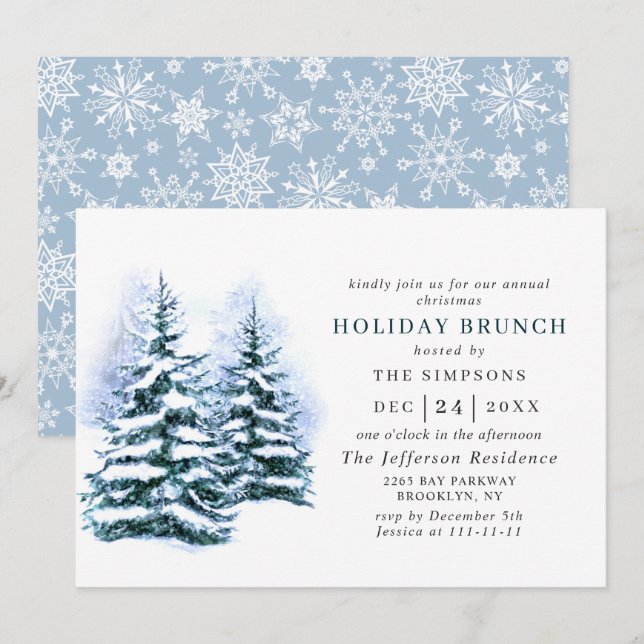 Watercolor Pine Tree Chic Christmas HOLIDAY BRUNCH Invitation (Front/Back)