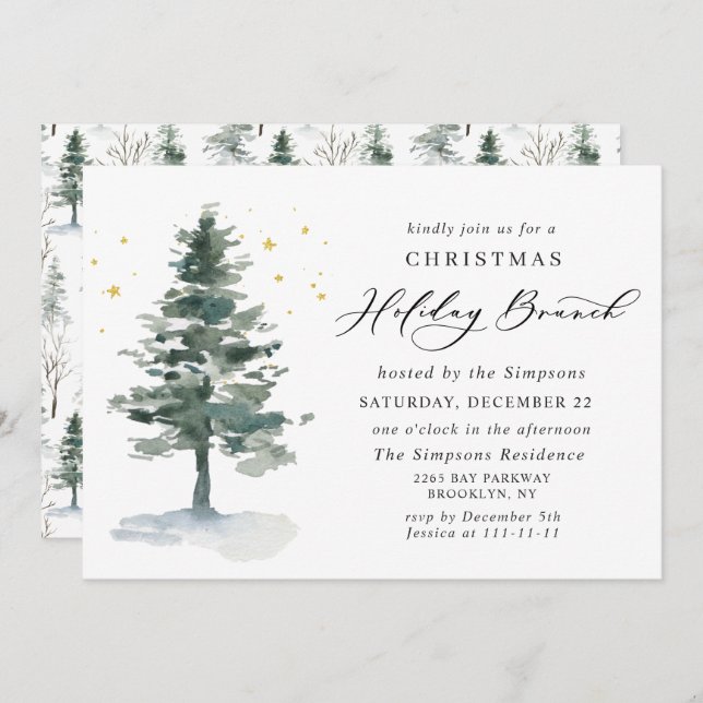 Watercolor Pine Tree Chic Christmas HOLIDAY BRUNCH Invitation (Front/Back)