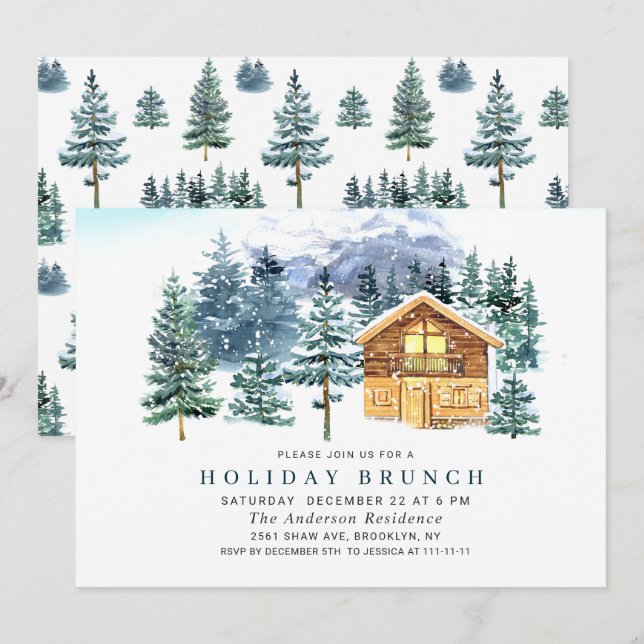 Watercolor Pine Tree Chic Christmas HOLIDAY BRUNCH Invitation (Front/Back)