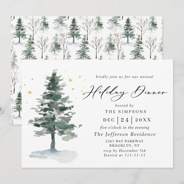 Watercolor Pine Tree Chic Christmas Holiday Dinner Invitation (Front/Back)