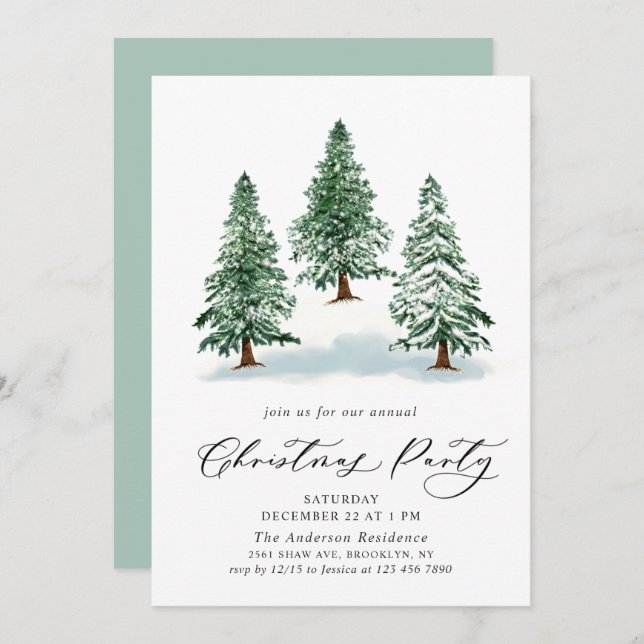 Watercolor Pine Tree Chic Christmas Holiday Party Invitation (Front/Back)