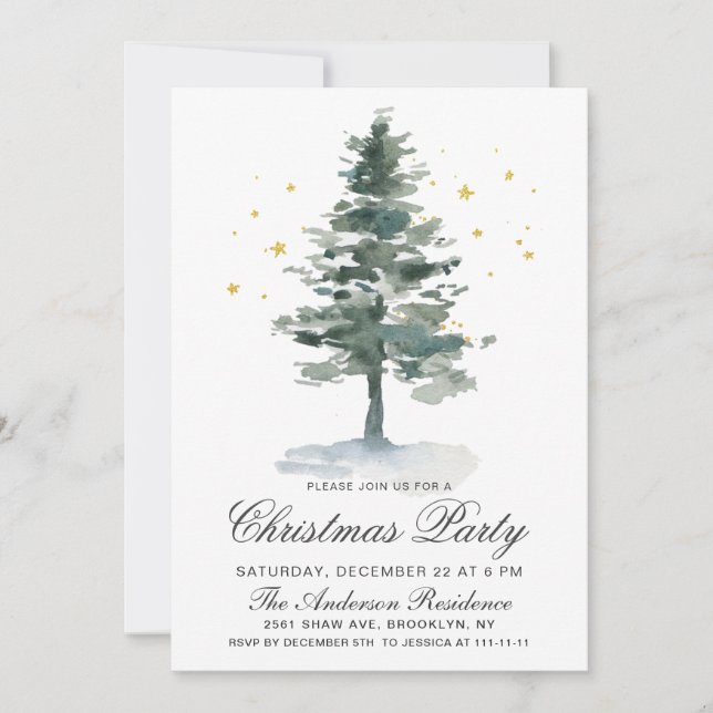 Watercolor Pine Tree Chic Christmas Holiday Party Invitation (Front)