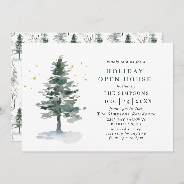 Watercolor Pine Tree Christmas Holiday Open House Invitation (Front/Back)