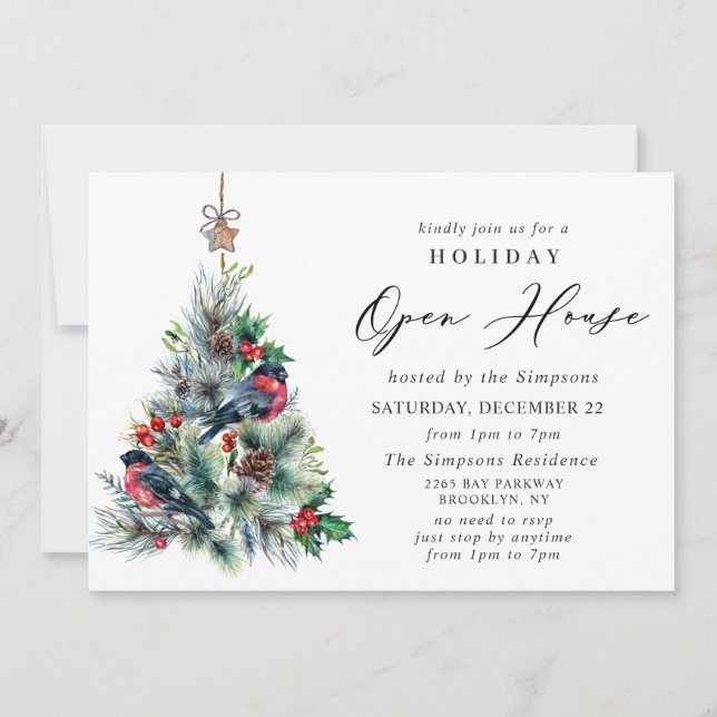 Watercolor Pine Tree Christmas Holiday Open House Invitation (Front)