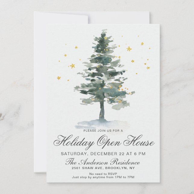 Watercolor Pine Tree Christmas Holiday Open House Invitation (Front)