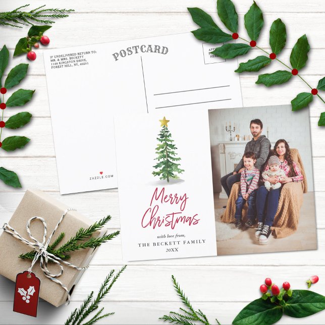 Watercolor Pine Tree Christmas Holiday Photo Postcard (Creator Uploaded)