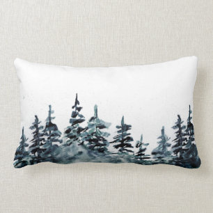 Watercolor Pine Tree Forest Black and White Lumbar Pillow