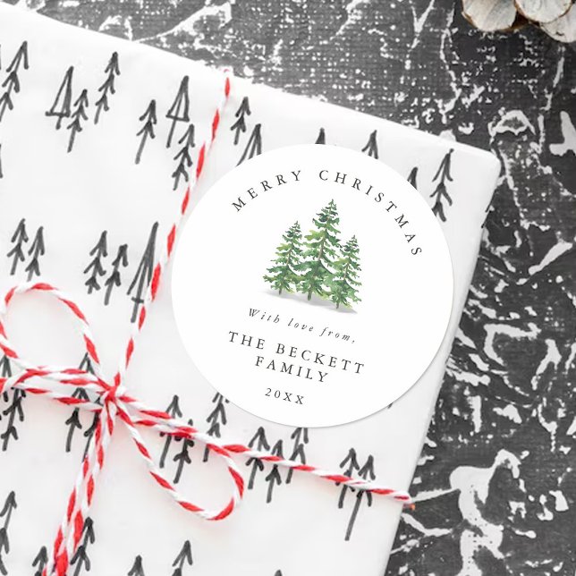 Watercolor Pine Tree Forest Christmas Classic Round Sticker (Creator Uploaded)