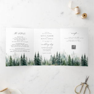 Watercolor pine tree forest destination wedding Tri-Fold invitation