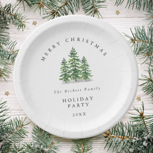 Watercolor Pine Tree Forest Holiday Party Paper Plate