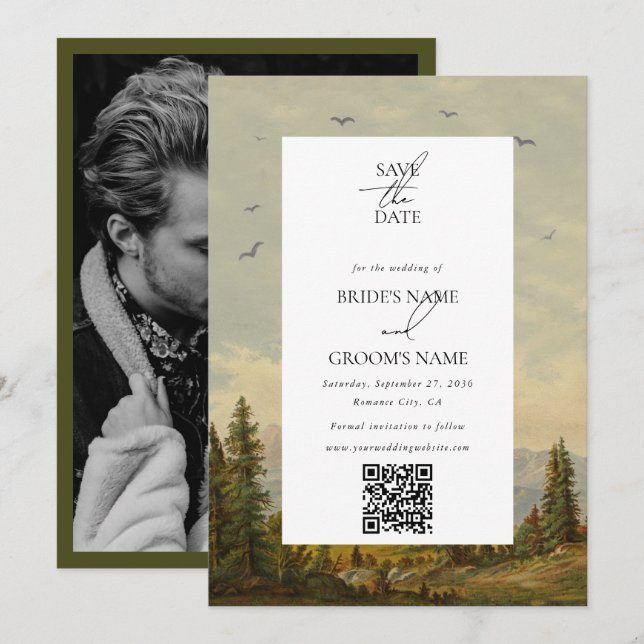 Watercolor Pine Tree Forest Mountain Wedding Photo Save The Date (Front/Back)