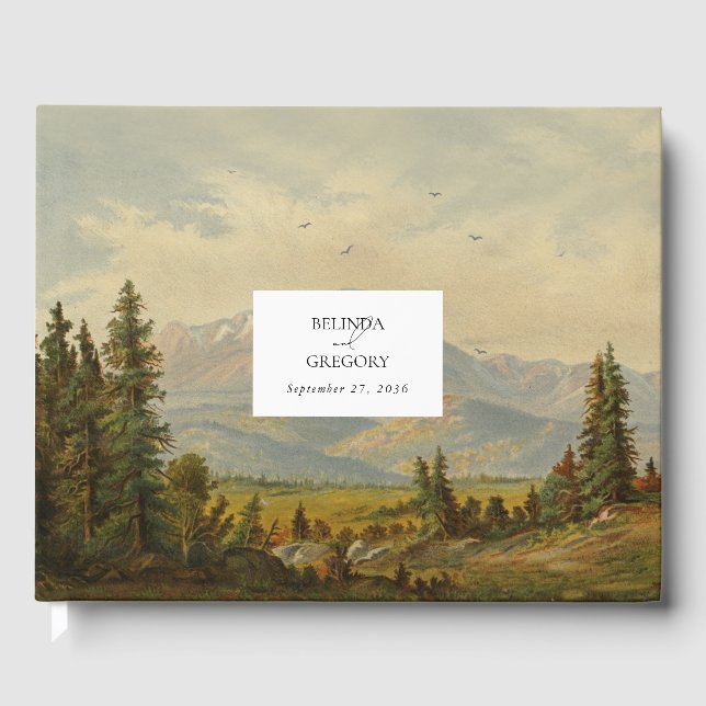 Watercolor Pine Tree Forest Mountains Wedding Guest Book (Front)