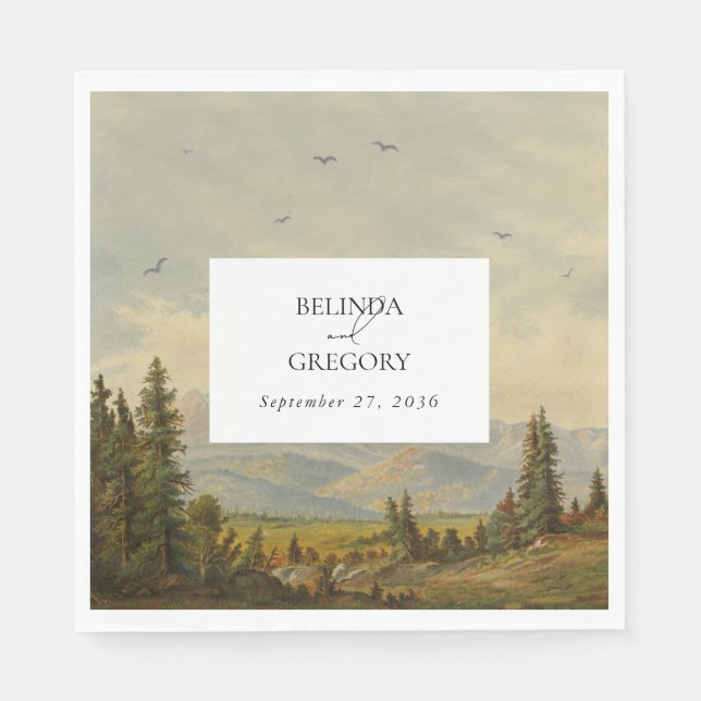 Watercolor Pine Tree Forest Mountains Wedding Napkin (Front)