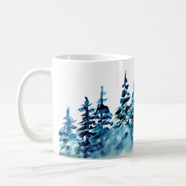 Watercolor Pine Tree Forest Panorama Coffee Mug (Left)