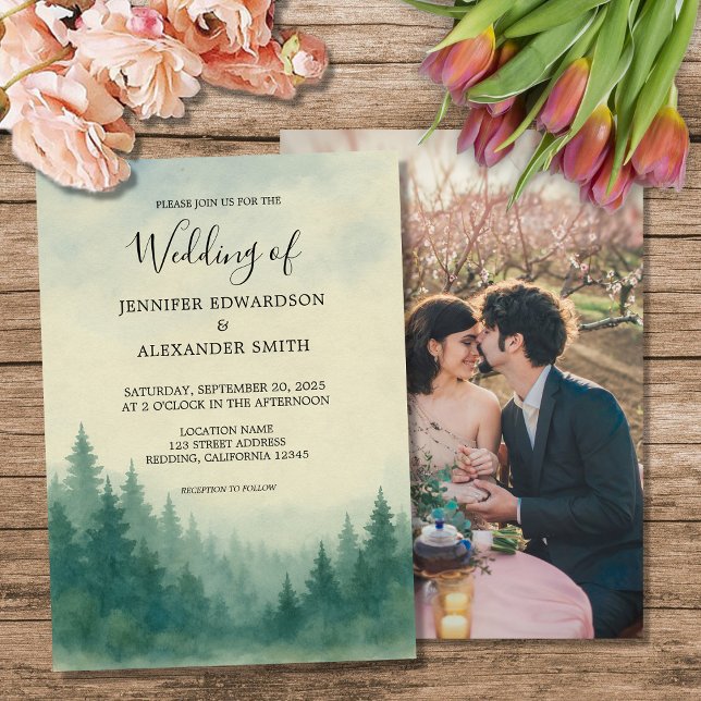 Watercolor pine tree forest photo wedding invitation (Watercolor pine tree forest photo wedding invitation. For your rustic wedding.)
