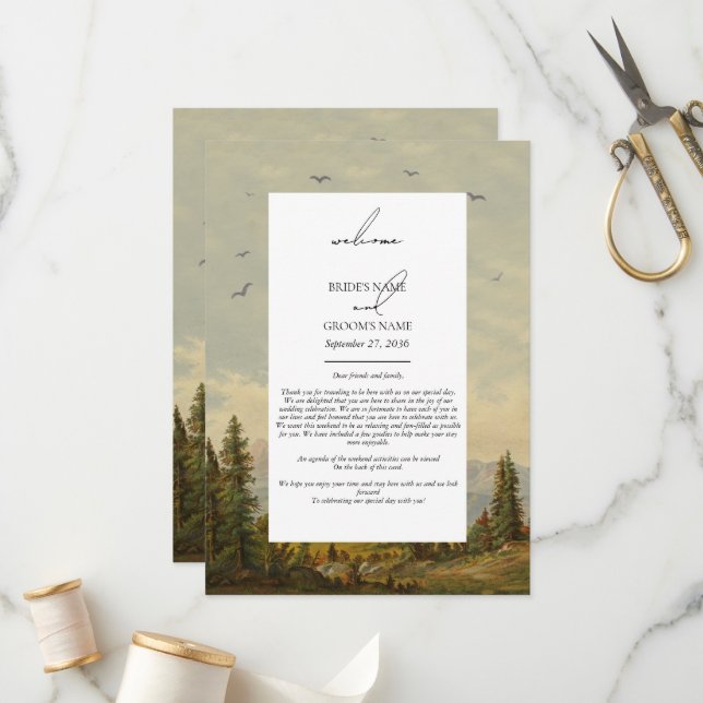Watercolor Pine Tree Forest Wedding Itinerary  Program (Front/Back In Situ)