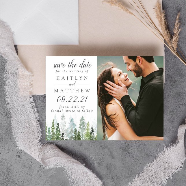 Watercolor Pine Tree Forest Wedding Save The Date (Creator Uploaded)
