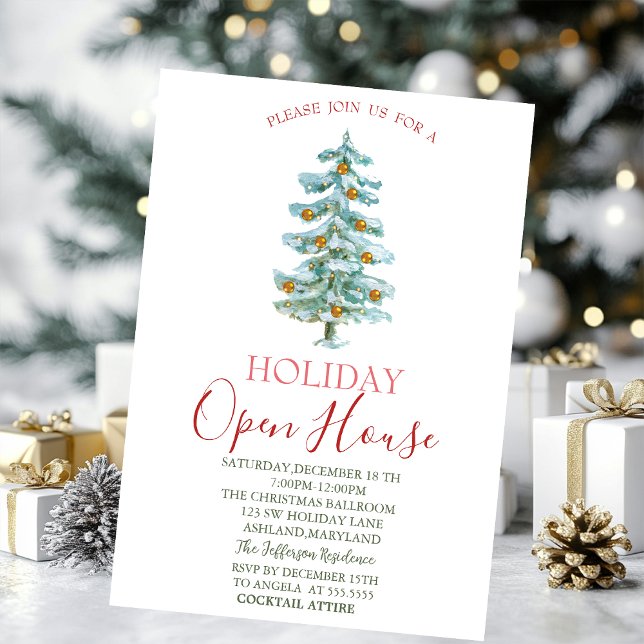 Watercolor Pine Tree,Gold Balls Open House  Invitation (Creator Uploaded)