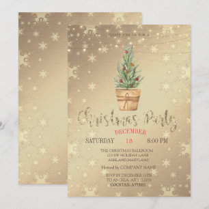 Watercolor Pine Tree, Gold Christmas Party Invitation