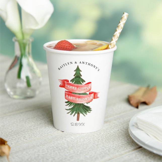 Watercolor Pine Tree Merry Little Baby Shower Paper Cups (Insitu)