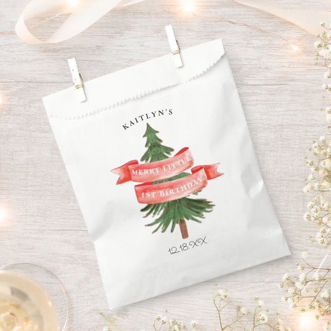 Watercolor Pine Tree Merry Little Birthday Favour Bag (Clipped)