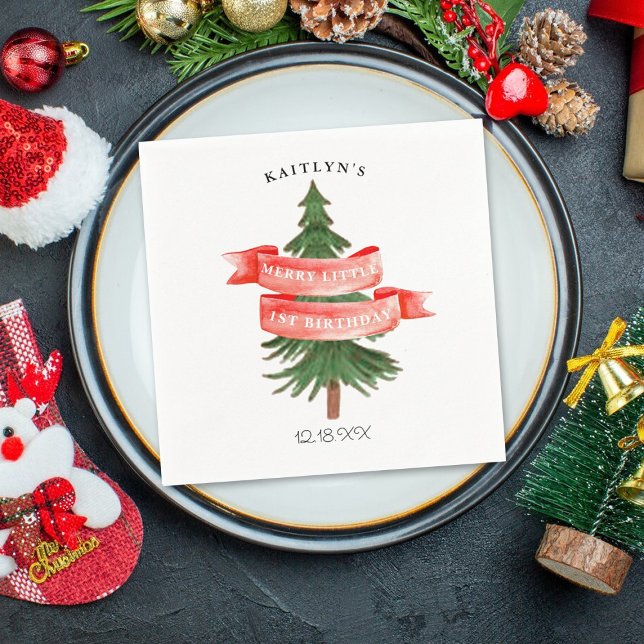 Watercolor Pine Tree Merry Little Birthday Napkin (Creator Uploaded)