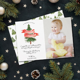 Watercolor Pine Tree Merry Little Birthday Photo Thank You Card