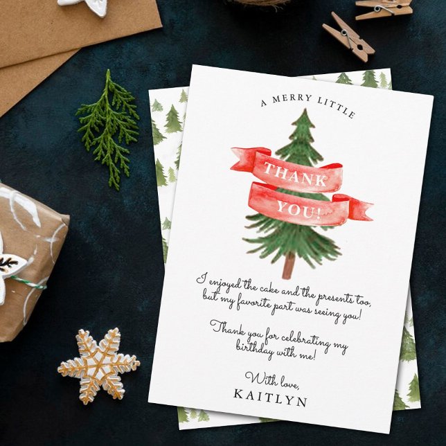 Watercolor Pine Tree Merry Little Birthday Thank You Card (Creator Uploaded)