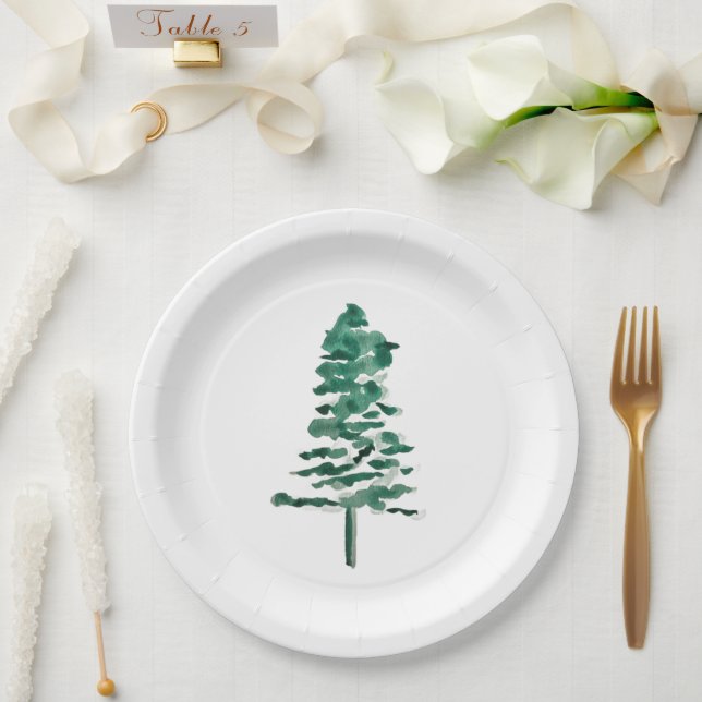 Watercolor Pine Tree Modern Christmas Paper Plate (Wedding)