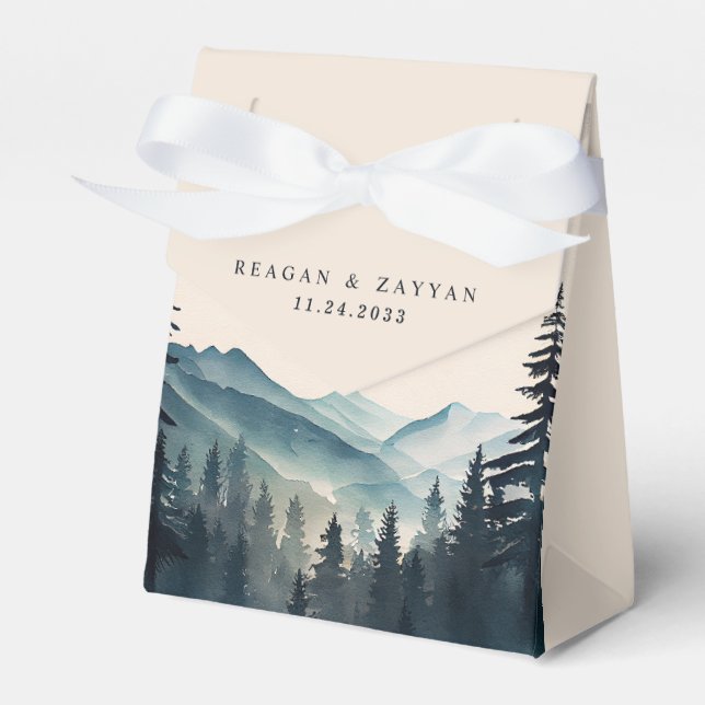 Watercolor Pine Tree Mountain Wedding Favor Box (Front Side)