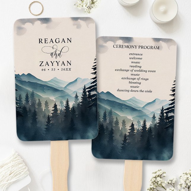 Watercolor Pine Tree Mountain Wedding Program Hand Fan (Creator Uploaded)