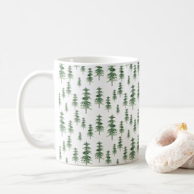 Watercolor Pine Tree Pattern Coffee Mug (With Donut)