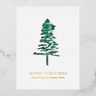 Watercolor Pine Tree Photo Business Christmas Foil Holiday Postcard