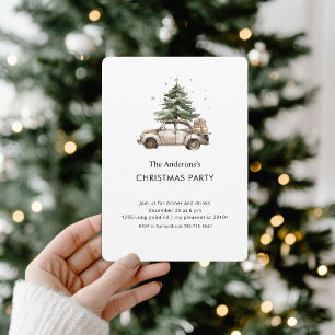 Watercolor Pine Tree Vintage Car Christmas Invitation