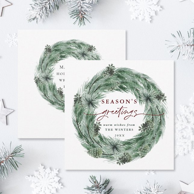 Watercolor Pine Tree Wreath Season's Greetings Holiday Card (Front & Back)