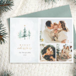 Watercolor Pine Trees 3 Photo Collage Christmas Holiday Card<br><div class="desc">Send warm wishes with our Photo Christmas Card, featuring a captivating 3-photo collage on the right. The left side boasts a serene pale blue watercolor backdrop adorned with delicate pine trees glistening in gold stars and dust. "Merry" in elegant serif type and "Christmas" in chic gold script lettering convey your...</div>