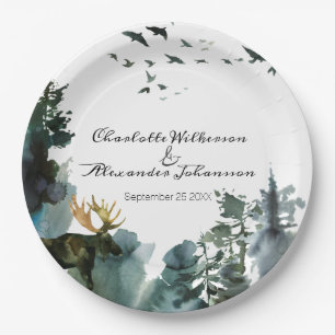 Watercolor Pine Trees and Moose Pacific Northwest  Paper Plate