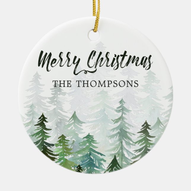 Watercolor Pine Trees Christmas Photo Ceramic Ornament (Front)