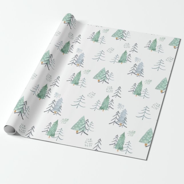 Watercolor Pine Trees Christmas Wrapping paper (Unrolled)